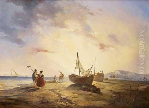 Pecheurs Et Embarcations Sur Une Plage Grecque Oil Painting by Antonio De Brugada Vila