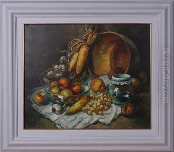 Stillleben Mit Obst Und Maiskolben Oil Painting by Jose De Brugada Vila