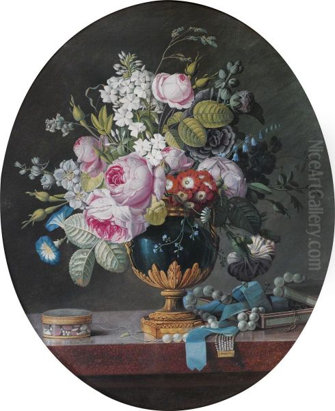 Nature Morte Au Bouquet De Fleurs Et Au Collier De Perle Sur Unentablement De Marbre Oil Painting by Marie, Comtesse De Bruhl