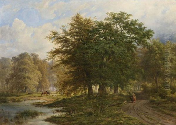 A Traveller On A Path In A Wooded Landscape Oil Painting by Adrianus Henrikus De Bruine