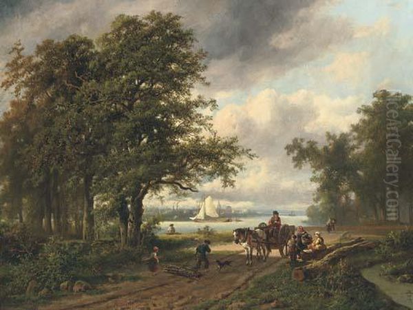 Gathering Faggots By A River Oil Painting by Adrianus Henrikus De Bruine