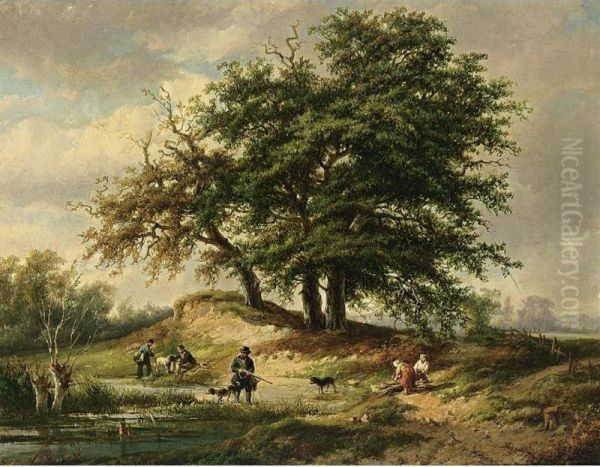 Huntsmen In A Wooded Landscape Oil Painting by Adrianus Henrikus De Bruine