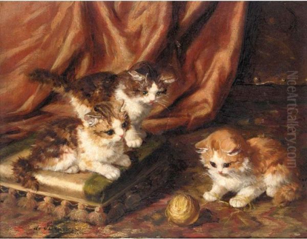 Kittens Playing With A Ball Of Wool Oil Painting by B. De Brusses