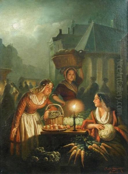 Fruit Stall At A Market By Candelight Oil Painting by Constant De Bruycker