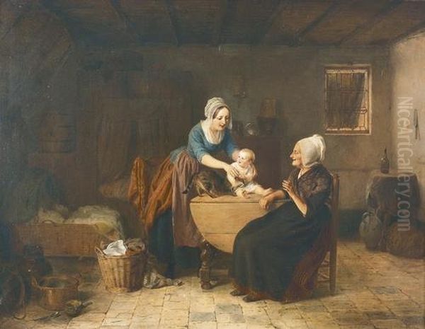 Genreszene Mit Drei Generationen. Oil Painting by Frans Ant., Francois De Bruycker