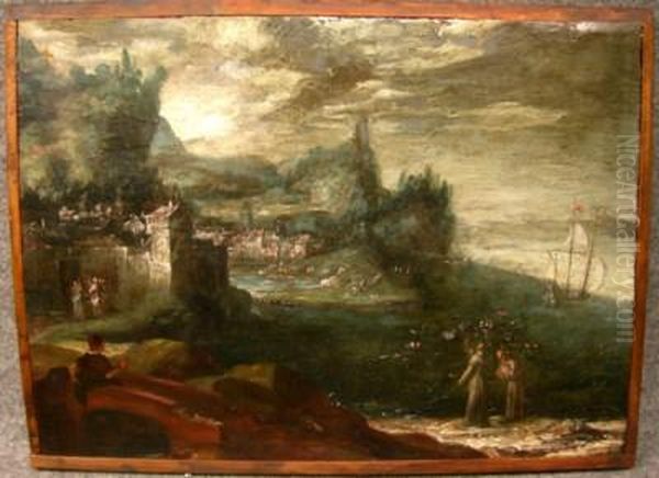 ''paesaggio Con Cittadella Sul Porto, Duefrati In Primo Piano E Veliero In Partenza Sullo Sfondo''. Oil Painting by Cornelis De Bruyn