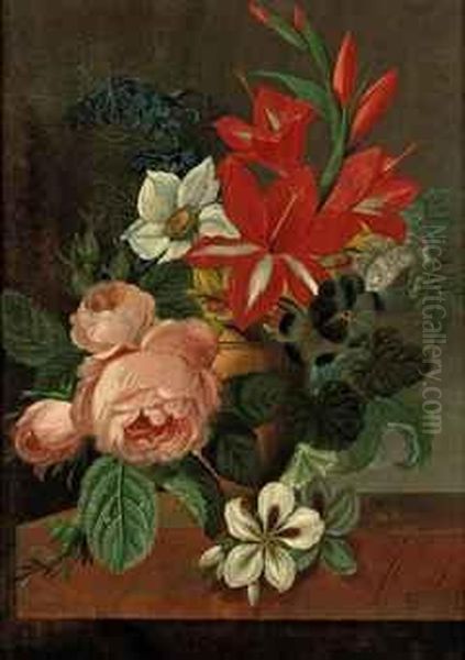 Roses, Lilies, Voilets And Other Flowers In An Urn On A Ledge Oil Painting by Cornelis Johannes De Bruyn