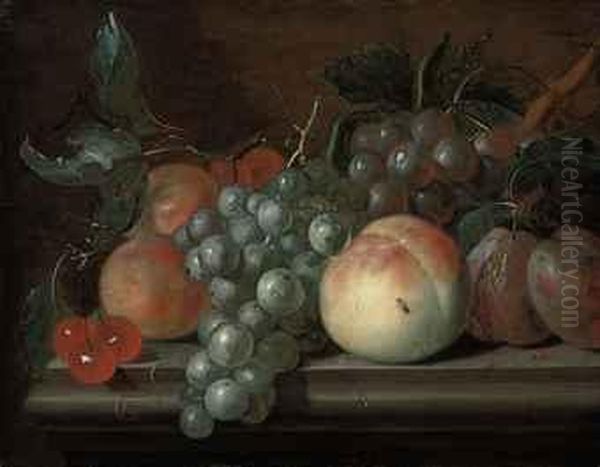 Cherries, Grapes, Plums, Apricots And A Peach On A Stone Ledge Oil Painting by Cornelis Johannes De Bruyn