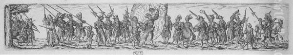 Marching Soldiers, In The Centre A Standard-bearer (holl.27) Oil Painting by Johann Theodore De Bry