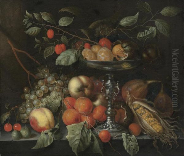 Cherries, Grapes, Apricots, Figs, Maize, And Other Fruit With A Silver Tazza On A Table Oil Painting by Cornelis De Bryer