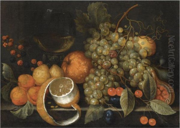 A Still Life With Grapes, Oranges, Berries, A Roemer Of Wine Andpartly Peeled Lemon On A Stone Ledge Oil Painting by Cornelis De Bryer