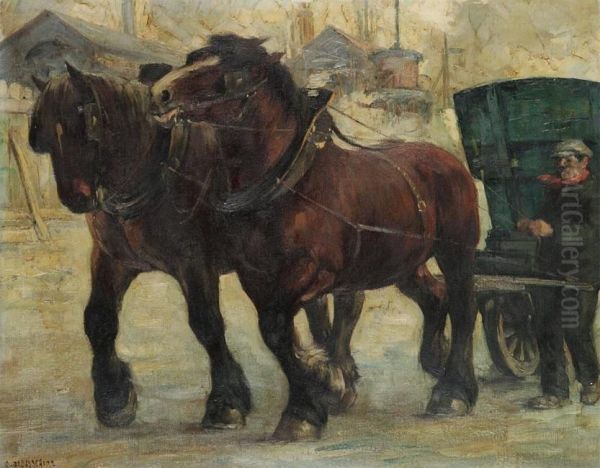 Couple Workhorses With Priner And Wagon Near A Mine Oil Painting by Constant De Busschere