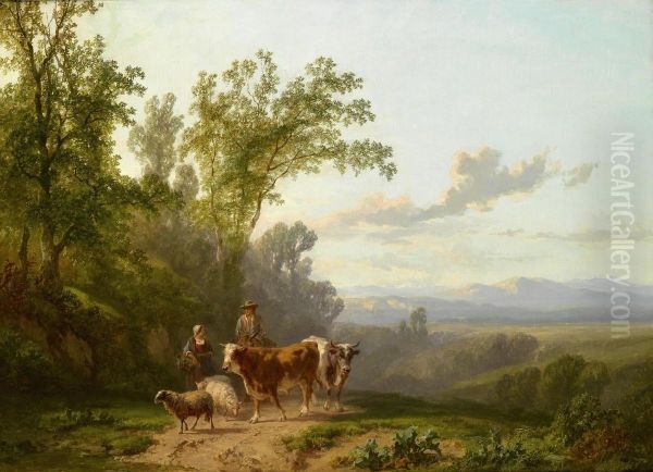 Romanticlandscape With Shepherd Pair Oil Painting by Alfred Edouard De Bylandt