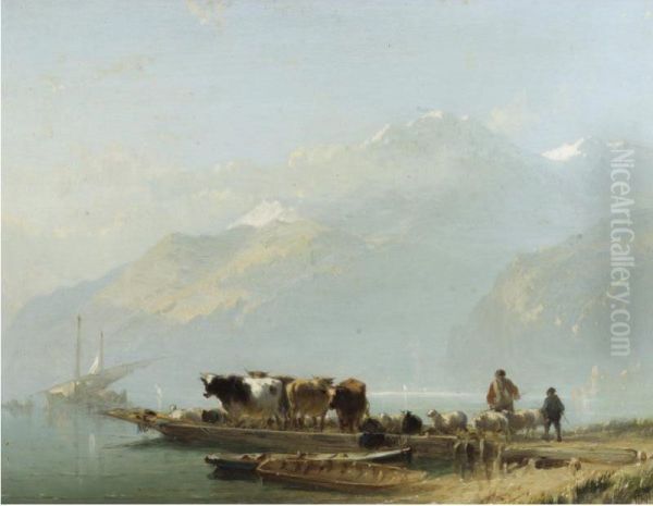 Cattle Raft Oil Painting by Alfred Edouard De Bylandt