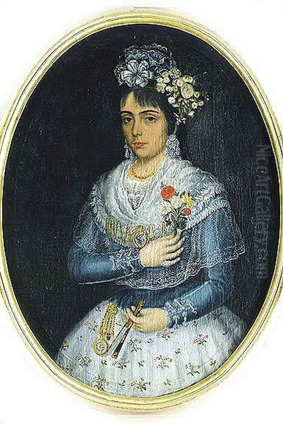 Retrato De Anciana Con Abanico / Retrato De Dama Joven Con Ramillete De Flores Oil Painting by Jose De Campeche