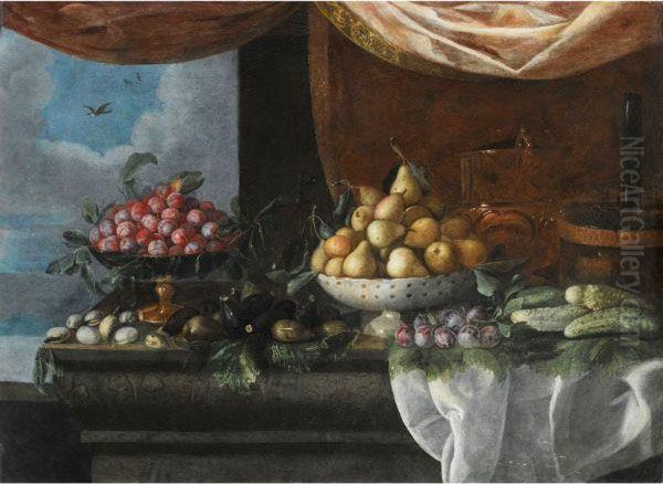 Nature Morte Au Plat De Prunes, Poires, Bouteille Et Rafraichissoirsur Un Entablement Oil Painting by Pedro de Camprobin