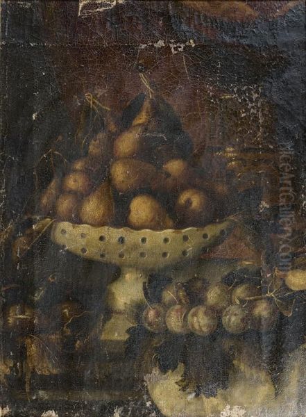 Coupe De Poires, Prunes Et Figues Sur Un Entablement Oil Painting by Pedro de Camprobin