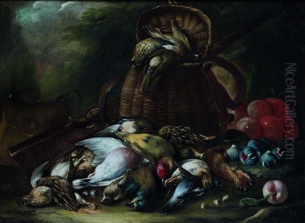 Nature Morte Aux Oiseaux : Grive Musicienne, Caille, Geai, Pique Et Peche, Huppe Et Loriot Oil Painting by Baldassare De Caro