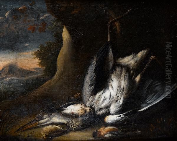 A Dead Crane And Other Birds Before An Openlandscape Oil Painting by Baldassare De Caro