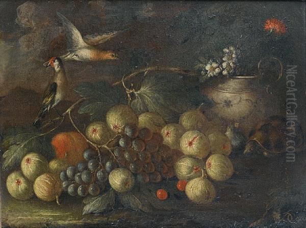 A Tortoise With Figs, Grapes, Flowers Andbirds Before A Landscape Oil Painting by Giuseppe De Caro