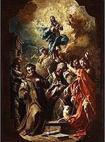 Maria Immaculata In Wolken Uber Einer Gruppe Von Heiligen Oil Painting by Lorenzo Domenico De Caro