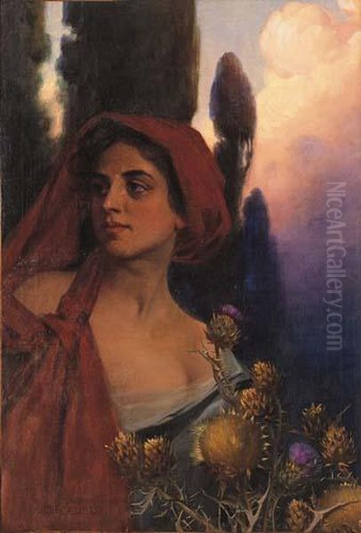 Donna Con Foulard Rosso Oil Painting by Adolfo De Carolis