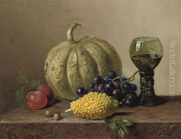 A Pumpkin, Grapes, Prunes And A Roemer On A Marble Ledge Oil Painting by Gabriel Henriques De Castro