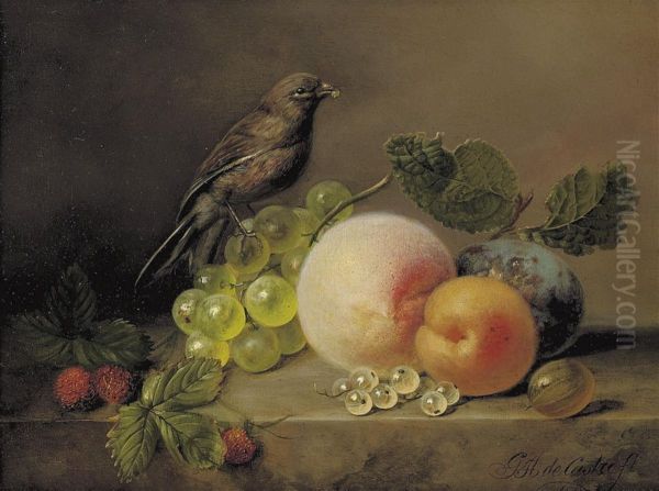 Peaches, Grapes, Raspberries And A Sparrow On A Marble Ledge Oil Painting by Gabriel Henriques De Castro