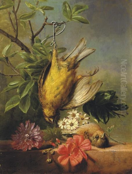 A Still Life With Flowers And Poultry Oil Painting by Gabriel Henriques De Castro