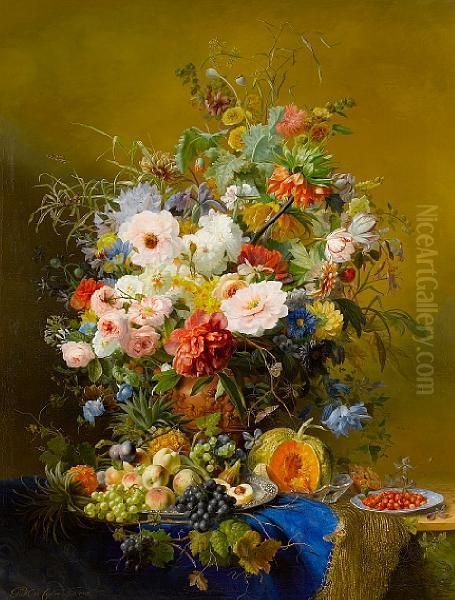 A Still Life Of Peonies, Roses, Poppies,tulips And Other Flowers With Mixed Fruits On A Marble Ledge With Ablue Cloth Oil Painting by Gabriel Henriques De Castro