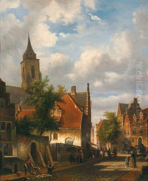 Strassenszene In Einer Kleinen Stadt Oil Painting by Emile Pierre J. De Cauwer