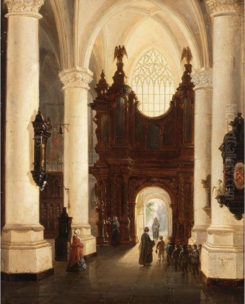 Children Leaving A Church After The Mass Oil Painting by Emile Pierre J. De Cauwer