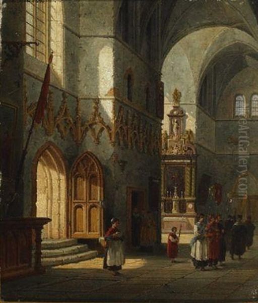 Figures In A Church Interior Oil Painting by Emile Pierre J. De Cauwer