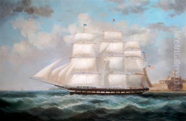 Clipper In Harbor Oil Painting by Ernest Ponthier De Chamaillard