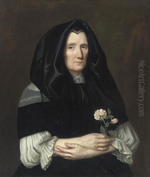 Portrait Of A Lady, Half-length, In A Black Mantle, With Roses In Her Right Hand Oil Painting by Philippe de Champaigne