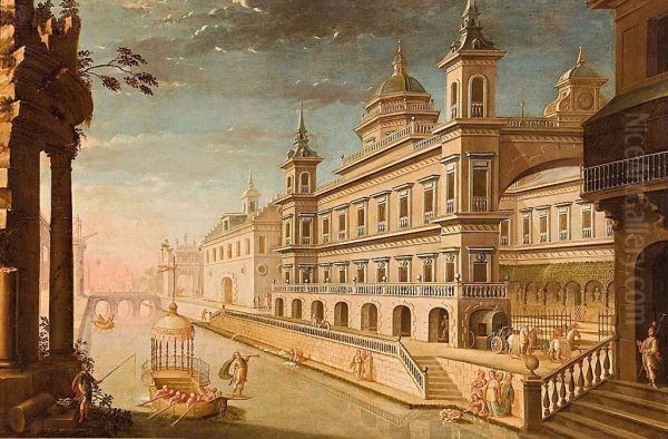 Capricho Arquitectonico Con Moises Salvado De Las Aguas Oil Painting by Jose De Cieza