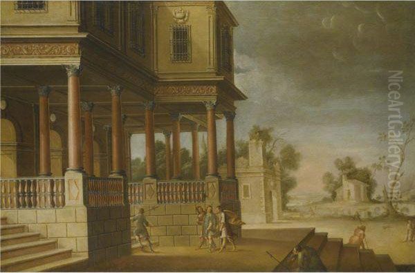 A Capriccio Landscape With Figures Returning To A Villa From The
Hunt Oil Painting by Jose De Cieza