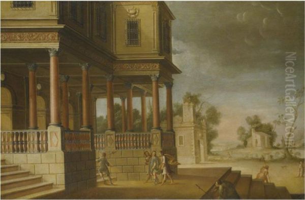 A Capriccio Landscape With Figures Returning To A Villa From Thehunt Oil Painting by Jose De Cieza