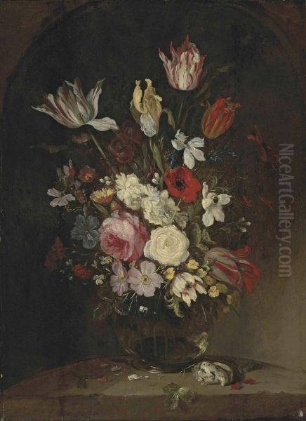 Roses, Carnations, Tulips, Poppy, An Iris, Pansies And Otherflowers In A Glass Vase, With A Seashell On A Marble Ledge Oil Painting by Jacques de Claeuw