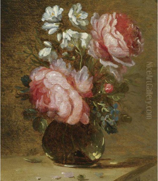 Still Life Of Roses, Forget-me-nots And Other Flowers In A Glassvase On A Wooden Table Oil Painting by Jacques de Claeuw