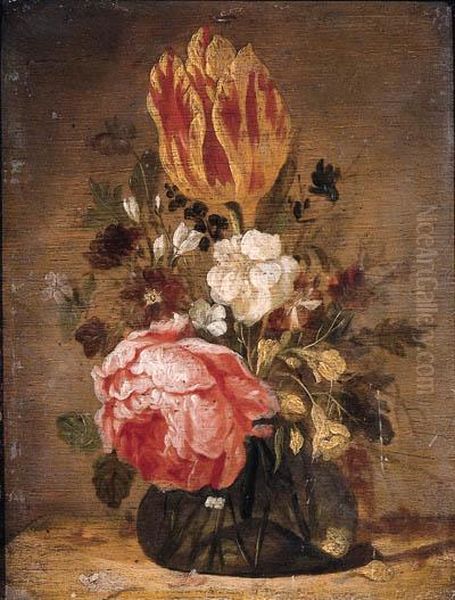 A Tulip, A Rose, A Violet And Other Flowers In A Glass Vase On Awooden Table Oil Painting by Jacques de Claeuw