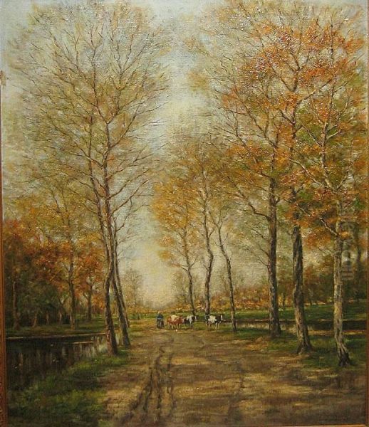 Boerin Met Koeien Op Een Landweg Oil Painting by Alfons De Clerccq