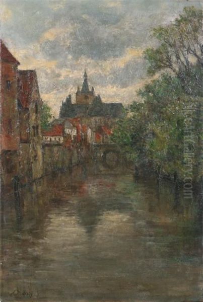 Canal In Ghent Oil Painting by Alphonse De Clercq