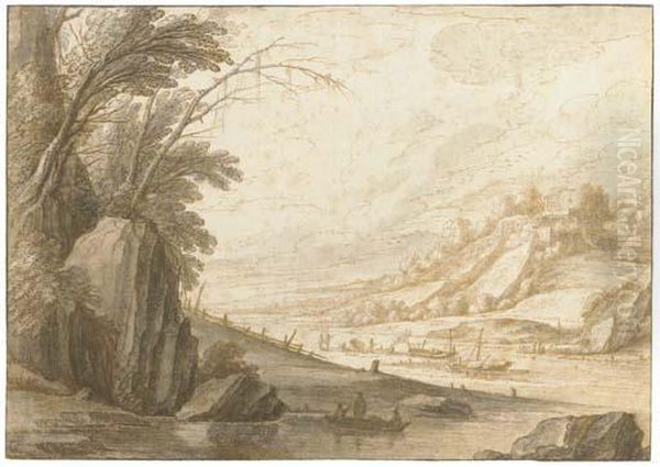 An Extensive Landscape With Fishermen On A Broad River, A Ruined Castle Beyond Oil Painting by Maerten De Cock