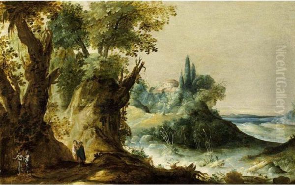 An Extensive Mountainous River Landscape With Travellers On A Path Oil Painting by Maerten De Cock