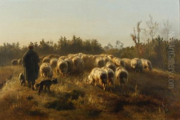 A Shepherd And His Flock Oil Painting by Xavier De Cock