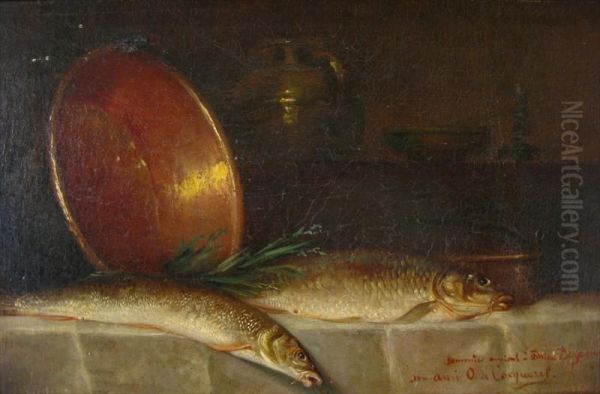 Still Life-fish Oil Painting by Jules J. Olivier De Cocquerel