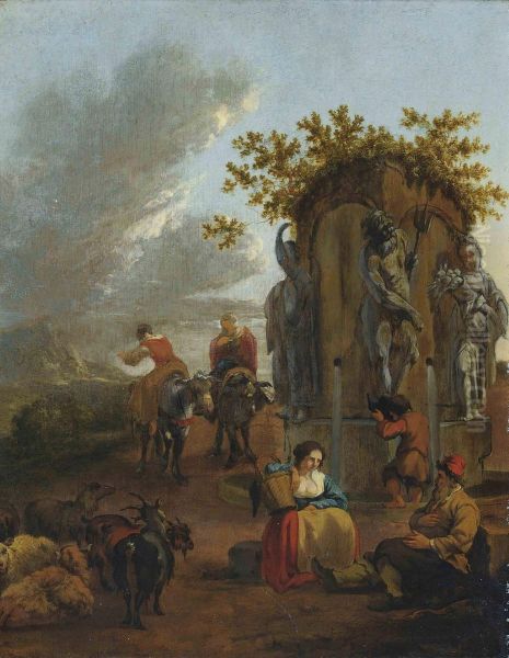 Shepherds And Their Flock At Rest In A Landscape, With A Classical Fountain Oil Painting by Adam Colonia