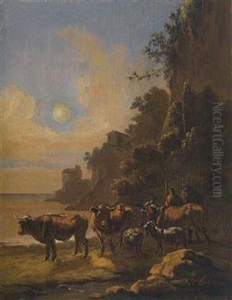 Shepherds At A Ford And The Flight Into Egypt Oil Painting by Adam Colonia