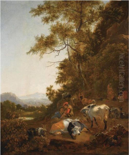 A Wooded Hilly Landscape With Shepherds Resting With Their Herd,other Figures Preparing A Meal Above A Fire To The Right Oil Painting by Adam Colonia